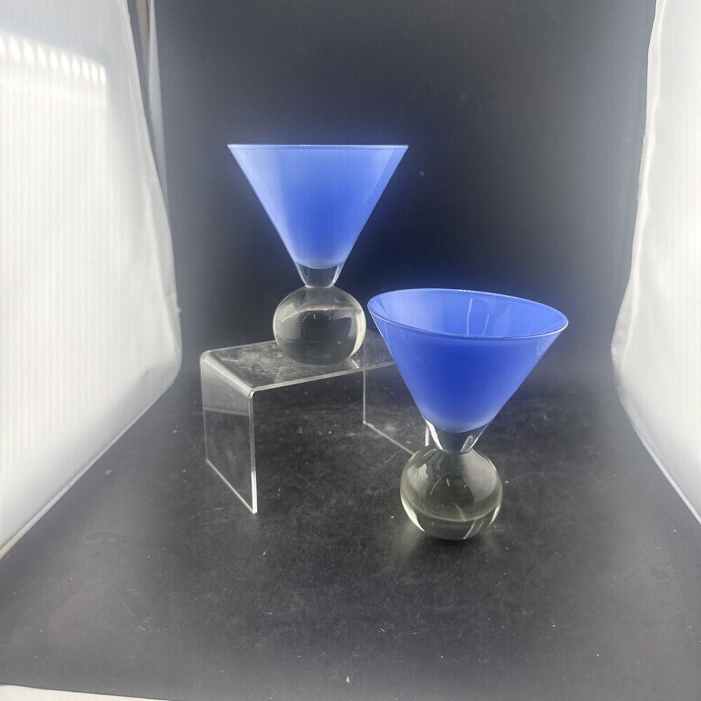 Modern Periwinkle Blue Frosted Martini Glasses Clear Bubble Ball Stem Base Pair